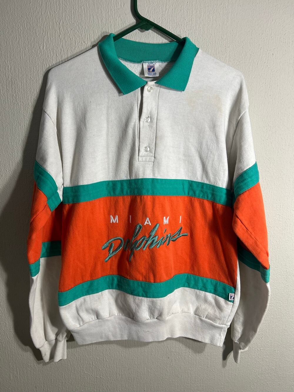 Logo 7 Miami Dolphins Sweatshirt Men Size L Vintage 90s Colorblock Polo Pullover